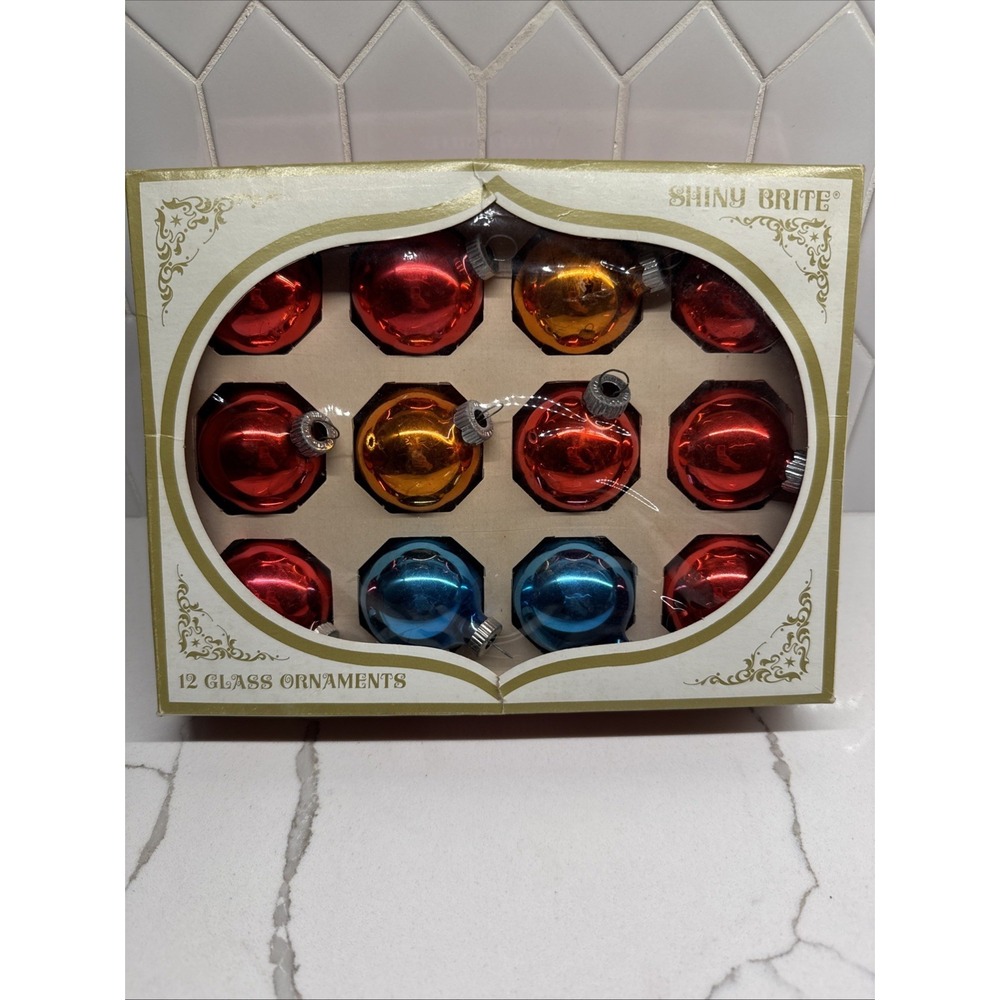Vtg SHINY BRITE 12 Glass Christmas Ornaments ORIGINAL Box Mercury Glass Decor